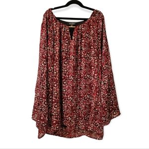 Roz and Ali Long Sleeve Blouse - Red and White Geometric Flowy Top SZ XL